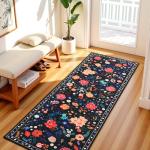 Floral Black Boho 2x6 Runner Rug, Washable