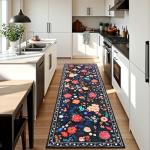 Floral Black Boho 2x6 Runner Rug, Washable