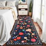 Floral Black Boho 2x6 Runner Rug, Washable