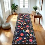 Floral Black Boho 2x6 Runner Rug, Washable