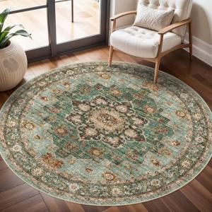 Washable 6ft Round Oriental Area Rug - Green