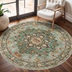 Washable 6ft Round Oriental Area Rug - Green