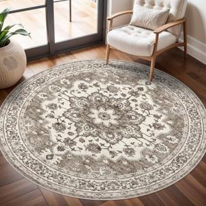 Washable Oriental 6ft Round Area Rug - Beige