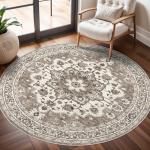 Washable Oriental 6ft Round Area Rug - Beige