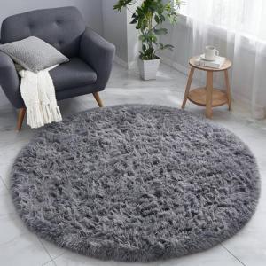 PAGISOFE 4Ft Grey Round Fluffy Kids Rug