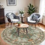 Washable 6ft Round Oriental Area Rug - Green