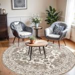 Washable Oriental 6ft Round Area Rug - Beige