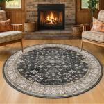 Black Boho Round Rug 6ft - Washable Low Pile