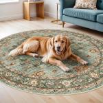 Washable 6ft Round Oriental Area Rug - Green