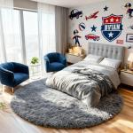 PAGISOFE 4Ft Grey Round Fluffy Kids Rug