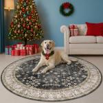 Black Boho Round Rug 6ft - Washable Low Pile