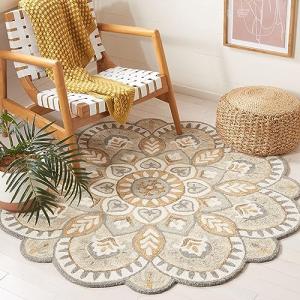 Ivory & Beige Round Flower Design Area Rug