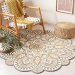 Ivory & Beige Round Flower Design Area Rug