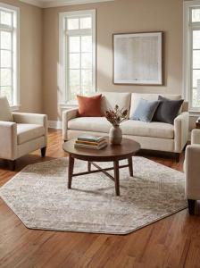 Rugs.com Oregon Collection Rug – 5 Ft Octagon Ivory Low-Pile Rug Perfect for Living Rooms, Kitchens, Entryways
