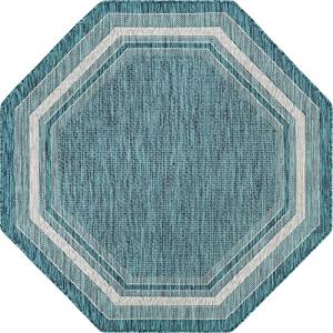 Rugs.com Outdoor Border Collection Rug – 5' Octagon Teal Flatweave Rug Perfect for Living Rooms, Kitchens, Entryways