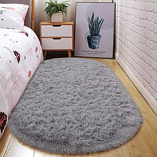 junovo Ultra Soft Washable Shaggy Rug - Non-Slip Oval Carpet for Nursery, Kids Bedroom & Home Decor (2.6x5.3ft Grey) | Plush Fluffy Floor Mat for Cozy Living Spaces