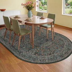 Washable Oval Area Rug 6x9, Dark Green Floral Oval Dining Rug, 6x9 Living Room Rug, Low Pile Non-Slip Floor Carpet for Bedroom, Playroom, Office - Vintage Oriental Stain Resistant Traditional Decor