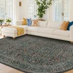 Washable Oval Area Rug 6x9, Dark Green Floral Oval Dining Rug, 6x9 Living Room Rug, Low Pile Non-Slip Floor Carpet for Bedroom, Playroom, Office - Vintage Oriental Stain Resistant Traditional Decor