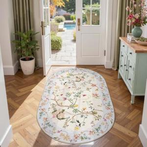 jinchan Floraison Floral Oval Rug for Entryway 3x5 Washable Oriental Flower Design Soft Non Slip Lightweight Low-Pile Chinoiserie Throw Carpet for Bedroom Living Kitchen Room Home Beige/Blue