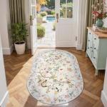 jinchan Floraison Floral Oval Rug for Entryway 3x5 Washable Oriental Flower Design Soft Non Slip Lightweight Low-Pile Chinoiserie Throw Carpet for Bedroom Living Kitchen Room Home Beige/Blue