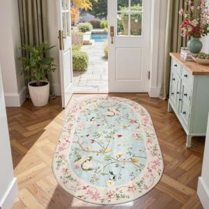 jinchan Floraison Floral Oval Rug for Entryway 3x5 Washable Oriental Flower Design Soft Non Slip Lightweight Low-Pile Chinoiserie Throw Carpet for Bedroom Living Kitchen Room Home Blue/Pink