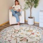 jinchan Floraison Floral Oval Rug for Entryway 3x5 Washable Oriental Flower Design Soft Non Slip Lightweight Low-Pile Chinoiserie Throw Carpet for Bedroom Living Kitchen Room Home Beige/Blue