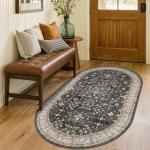 Washable Small Oval Rug 3x5 for Entryway, Black Boho Oval Area Rug for Kitchen, Bedroom Bedside, Mudroom, Modern Moody Low Pile Carpet for Bathroom, Laundry Room, Throw Rug Indoor Non-Slip