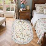 jinchan Floraison Floral Oval Rug for Entryway 3x5 Washable Oriental Flower Design Soft Non Slip Lightweight Low-Pile Chinoiserie Throw Carpet for Bedroom Living Kitchen Room Home Beige/Blue