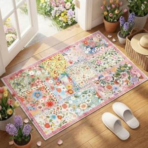 Pink Floral Quilted Area Rug for Home