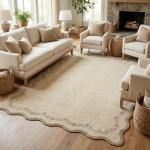 GarveeHome 5x7 Scalloped Area Rug Tan Jute Washable Rugs for Living Room Bedroom, Soft Low Pile Non Slip Accent Floor Mat Solid Floral Print Throw Rug Farmhouse Indoor Carpet for Dorm Playroom