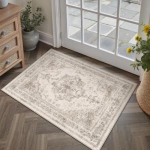 Beige Vintage Medallion Washable Area Rug 2x3