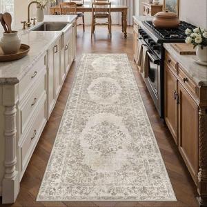Beige Washable 2x8 Vintage Medallion Runner Rug
