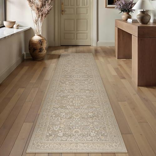 Beige Vintage Floral Washable Runner Rug 2x8