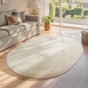 Ophanie 3x5 Oval Ivory Rugs for Bedroom Living Room, Fluffy Fuzzy Furry Carpet, Plush Soft Shaggy Bedside Indoor Floor Area Rug for Kids Girls Boys Baby Teen Dorm Nursery Home Decor Aesthetic