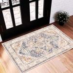 CHAMPLANT 2'x3' Blue Khaki Area Rug Washable Door Mat Vintage Distressed Doormat Indoor Entrance Traditional Thin Floral Print Non Slip Carpet for Kitchen Bathroom Bedroom Living Room