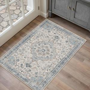PureCozy Blue 2x3 Rug for Entryway Washable Vintage Small Area Rug Non-Slip Stain Resistant Door Mat Low Pile Retro Accent Indoor Throw Carpet for Entrance Kitchen Bedroom Laundry