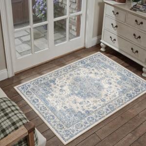 PureCozy Washable Entryway Rug 2x3 Blue Vintage Door Mat Soft Low Pile Carpet Non Slip Distressed Small Throw Rug for Hallway Kitchen Bedroom Office Bathroom Laundry
