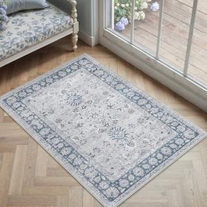 PureCozy 2x3 Area Rug Blue Washable Entryway Vintage Carpet Door Mat Small Non Slip Stain Soft Resistant Low Pile Thin Boho Accent Indoor Throw Rug for Kitchen Bathroom Entrance Bedroom