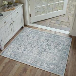 PureCozy Blue Area Rug 2x3 Entryway Washable Soft Carpet Vintage Non Slip Indoor Kitchen Entrance Door Mat Traditional Retro Distressed Small Throw Rug Bathroom Laundry Bedroom