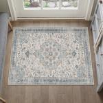 PureCozy Blue 2x3 Rug for Entryway Washable Vintage Small Area Rug Non-Slip Stain Resistant Door Mat Low Pile Retro Accent Indoor Throw Carpet for Entrance Kitchen Bedroom Laundry