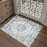 PureCozy Washable Entryway Rug 2x3 Blue Vintage Door Mat Soft Low Pile Carpet Non Slip Distressed Small Throw Rug for Hallway Kitchen Bedroom Office Bathroom Laundry