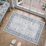 PureCozy 2x3 Area Rug Blue Washable Entryway Vintage Carpet Door Mat Small Non Slip Stain Soft Resistant Low Pile Thin Boho Accent Indoor Throw Rug for Kitchen Bathroom Entrance Bedroom