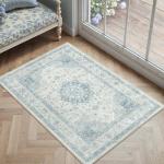 PureCozy Blue Area Rug 2x3 Washable Vintage Small Carpet for Entryway Kitchen Soft Retro Low Pile Thin Door Mat Non Slip Oriental Medallion Throw Rug for Bathroom Office Bedroom Dining Room