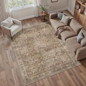 HUGEAR Area Rug 5x7 Vintage Brown Machine Washable Living Room Rugs Distressed Retro Floral Vacuumable Low Pile Carpet Bedroom Office Dining Room Laundry Room Non Slip Soft Lightweight