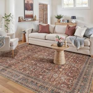 HUGEAR Area Rug 5x7 Vintage Brick Red Machine Washable Living Room Rugs Distressed Retro Floral Vacuumable Low Pile Carpet Bedroom Office Dining Room Laundry Room Non Slip Soft Lightweight