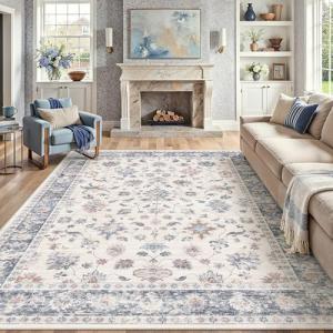 HUGEAR Area Rug 6x9 Vintage Blue Machine Washable Living Room Rugs Distressed Retro Floral Vacuumable Low Pile Carpet Bedroom Office Dining Farmhouse Playroom Non Slip