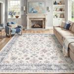 HUGEAR Area Rug 6x9 Vintage Blue Machine Washable Living Room Rugs Distressed Retro Floral Vacuumable Low Pile Carpet Bedroom Office Dining Farmhouse Playroom Non Slip