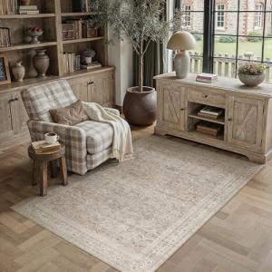 HUGEAR Area Rug 5x7 Vintage Beige Machine Washable Living Room Rugs Distressed Retro Floral Vacuumable Low Pile Carpet Bedroom Office Dining Room Laundry Room Non Slip Soft Lightweight