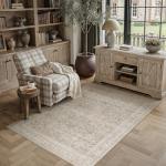 HUGEAR Area Rug 5x7 Vintage Beige Machine Washable Living Room Rugs Distressed Retro Floral Vacuumable Low Pile Carpet Bedroom Office Dining Room Laundry Room Non Slip Soft Lightweight