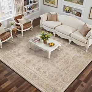 HUGEAR 5x7 Area Rug Beige Vintage Machine Washable Living Room Rugs Distressed Retro Floral Vacuumable Low Pile Carpet Bedroom Office Dining Room Laundry Room Non Slip Soft Lightweight